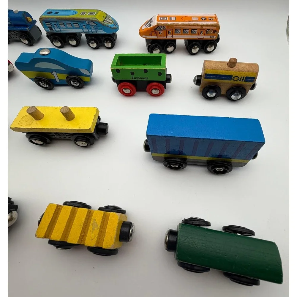 Mixed Wooden Magnetic Train Cars Lot 13pc Engines Freight Passenger Vehicles